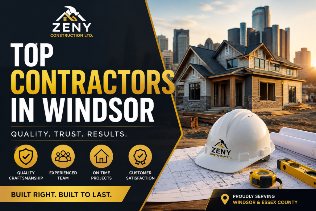 Windsor Ontario Contractor Modern promotional banner for Zeny Construction Ltd featuring a luxury custom home build in Windsor, Ontario with bold text reading “Top Contractors in Windsor,” construction blueprints, safety helmet, and branding focused on quality craftsmanship, experienced team, and customer satisfaction.